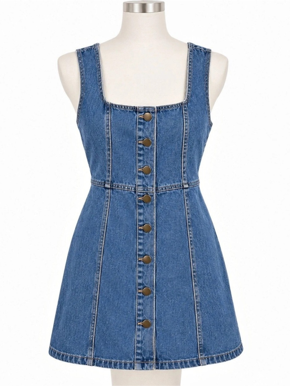 Blue Denim Button Front Mini Dress Square Neck 90s Inspired